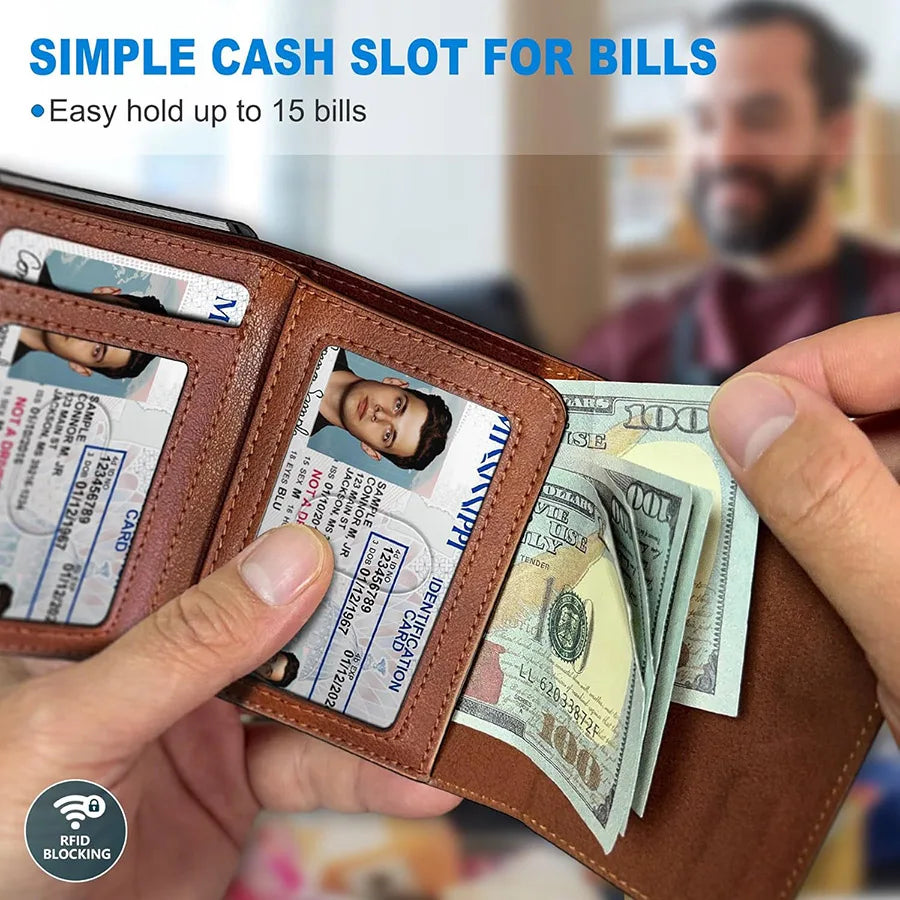 A brown leather card holder wallet displaying a cash slot for bills and an RFID blocking feature.