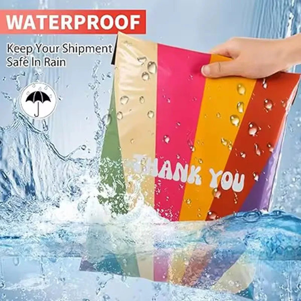A colorful self-seal mailing bag is shown being used in water, demonstrating its waterproof feature.