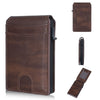 A brown men's PU leather RFID blocking card holder wallet shown in multiple views.