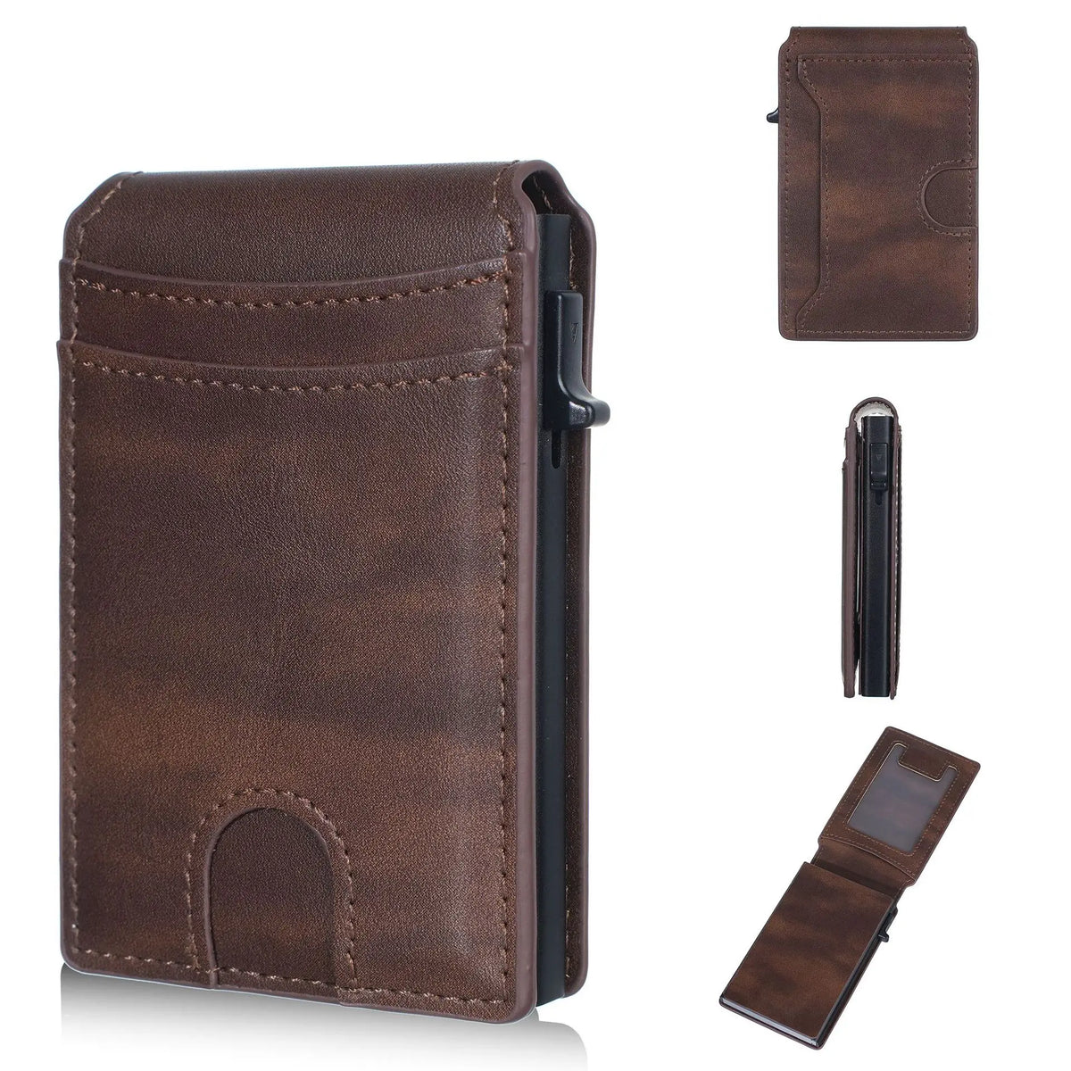 A brown men's PU leather RFID blocking card holder wallet shown in multiple views.