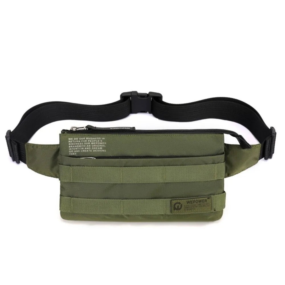 Olive green chest bag with black strap and buckle for outdoor activities