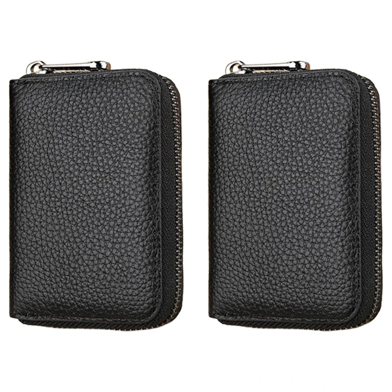 A black minimalist RFID blocking card wallet with a zipper pouch shown from the front.