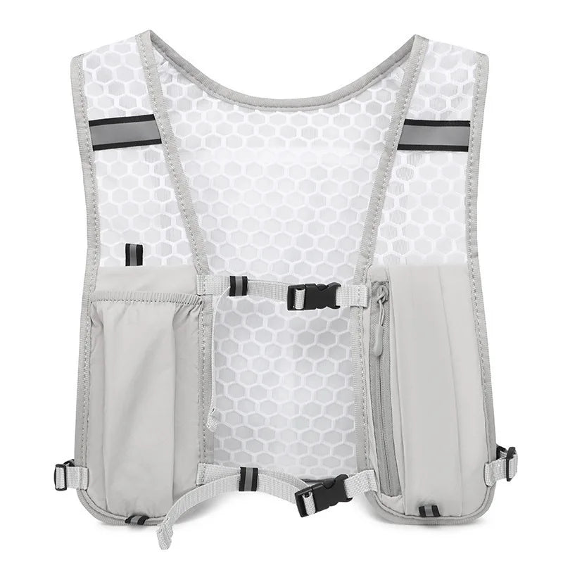 A gray and white adjustable hydration running vest for fitness.