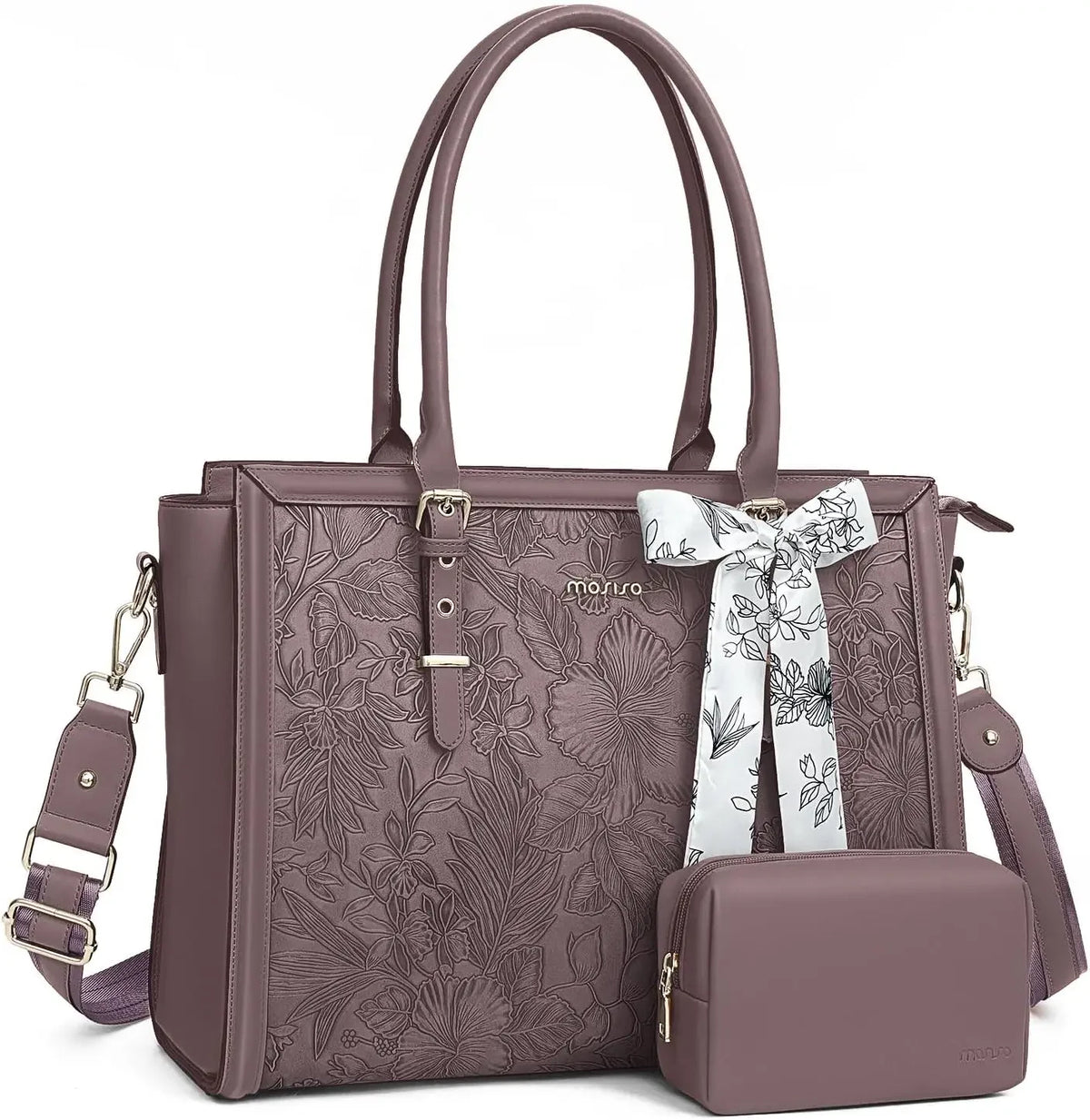 A mauve PU leather laptop tote bag with a floral pattern, featuring a matching scarf and a small clutch.