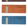 Three versions of a slim leather bi-fold wallet in brown, orange, and blue with a metal money clip.