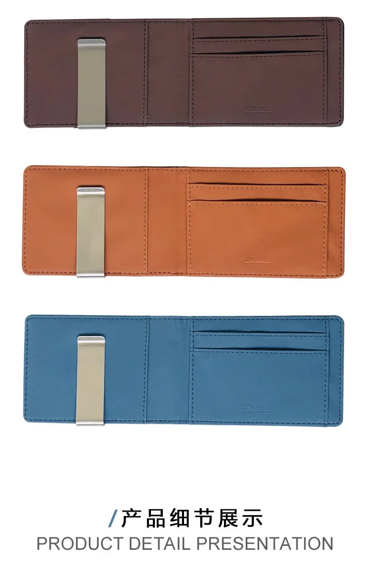 Three versions of a slim leather bi-fold wallet in brown, orange, and blue with a metal money clip.