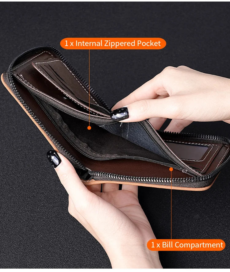 A hand opens a brown leather card clip wallet showing an internal zippered pocket and a bill compartment.