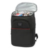Black insulated thermal cooler backpack with a silver lid open, showing various items inside.
