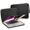 A black laptop sleeve with a gold accent is shown open, displaying a silver laptop inside.