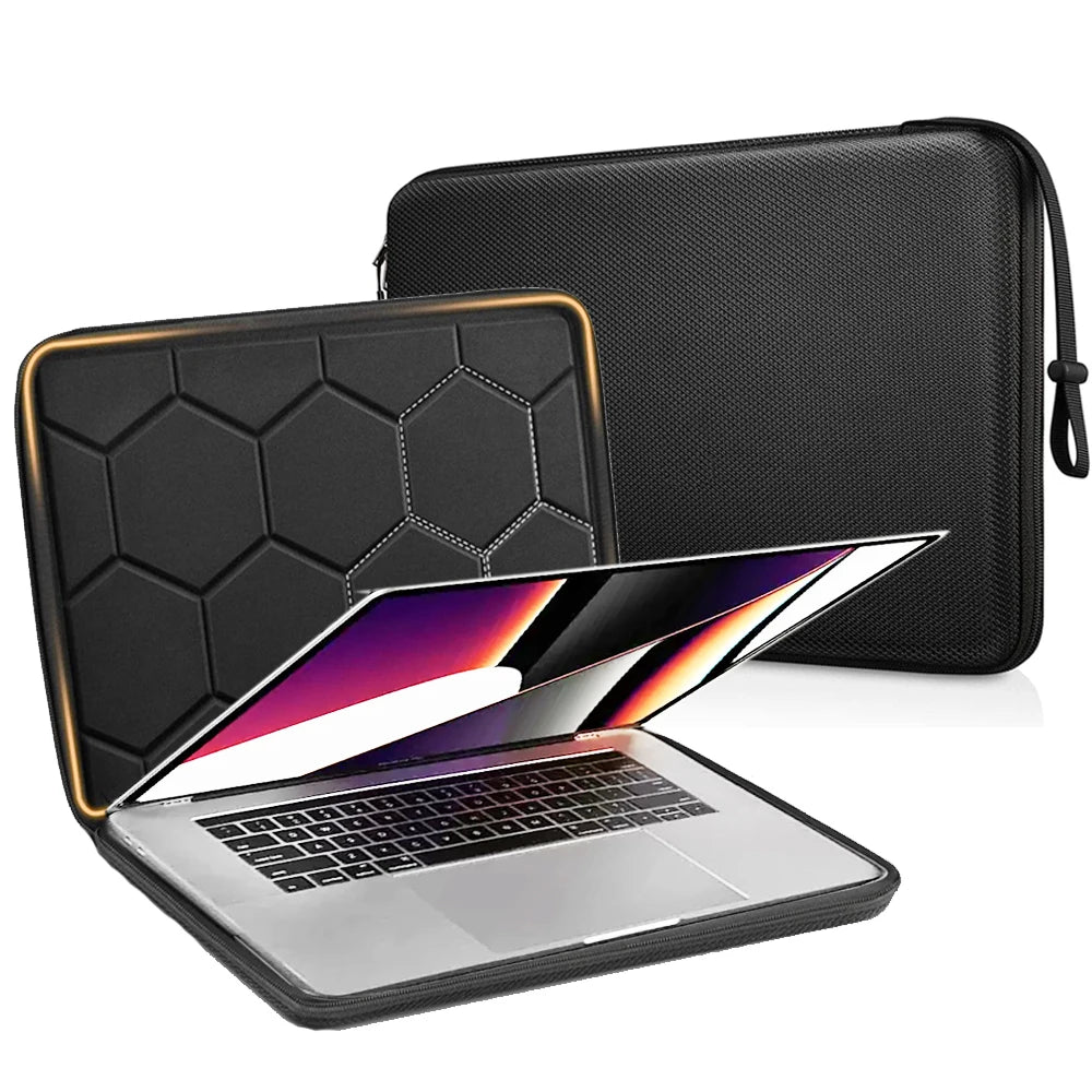 A black laptop sleeve with a gold accent is shown open, displaying a silver laptop inside.
