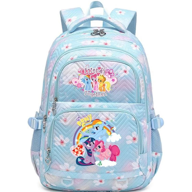 Light blue and pink patterned Oxford cloth school backpack for students