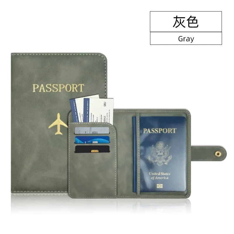 A gray premium PU leather passport and ID holder cover displaying a passport and various cards.