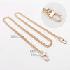 Gold-toned adjustable metal chain handbag straps shown with various lengths and a close-up of the clasp.