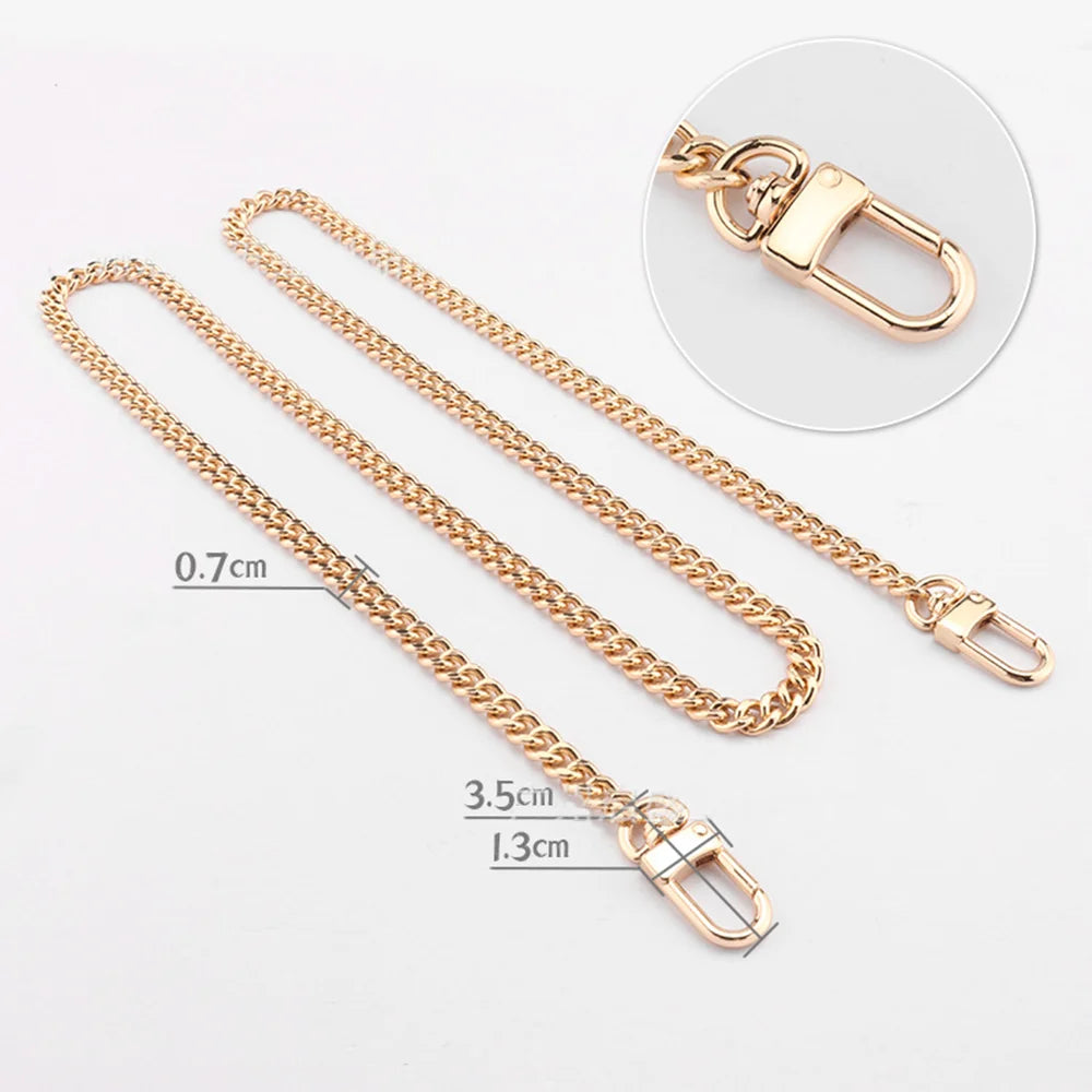 Gold-toned adjustable metal chain handbag straps shown with various lengths and a close-up of the clasp.