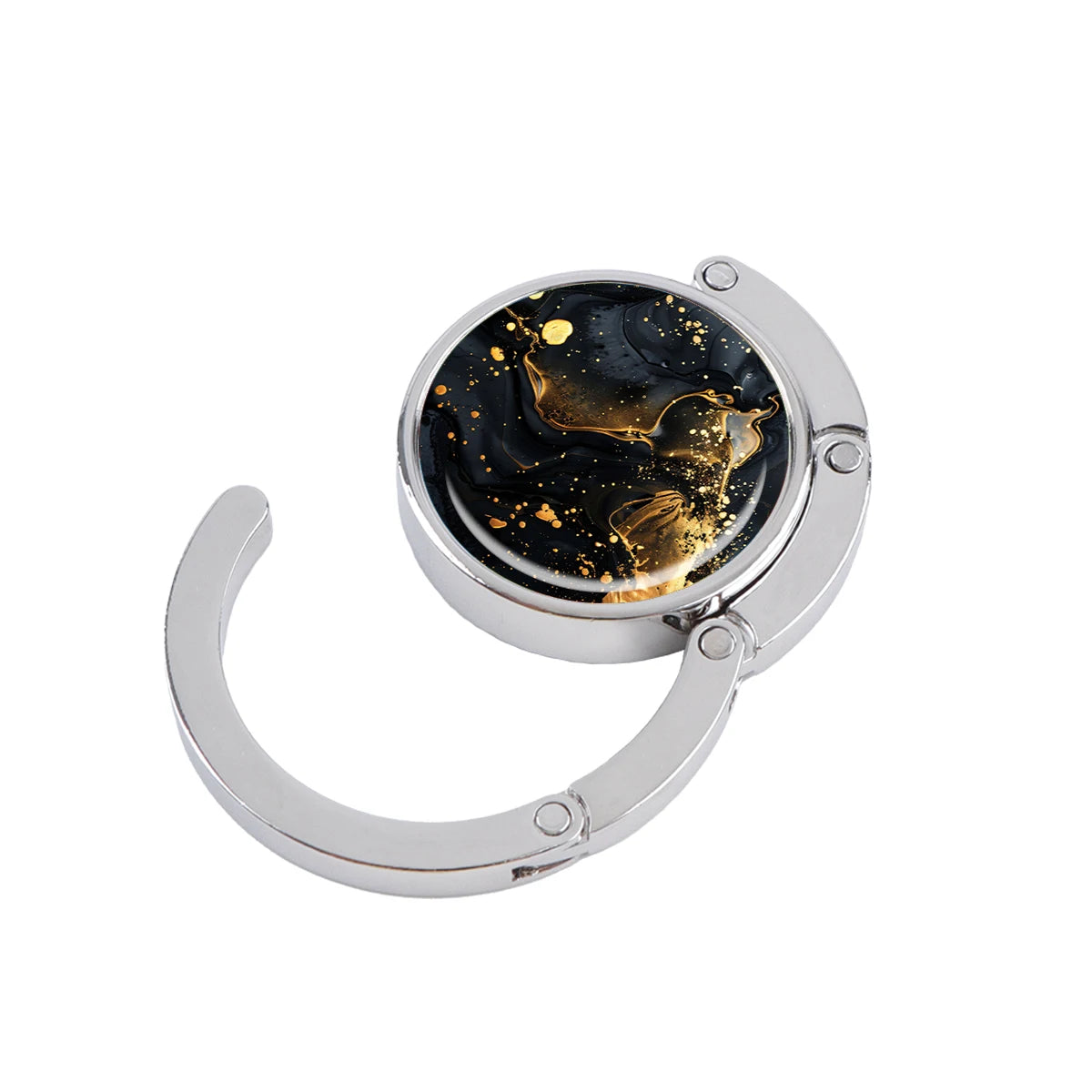 A silver folding table bag hook with a circular glass display showing a starry sky effect.