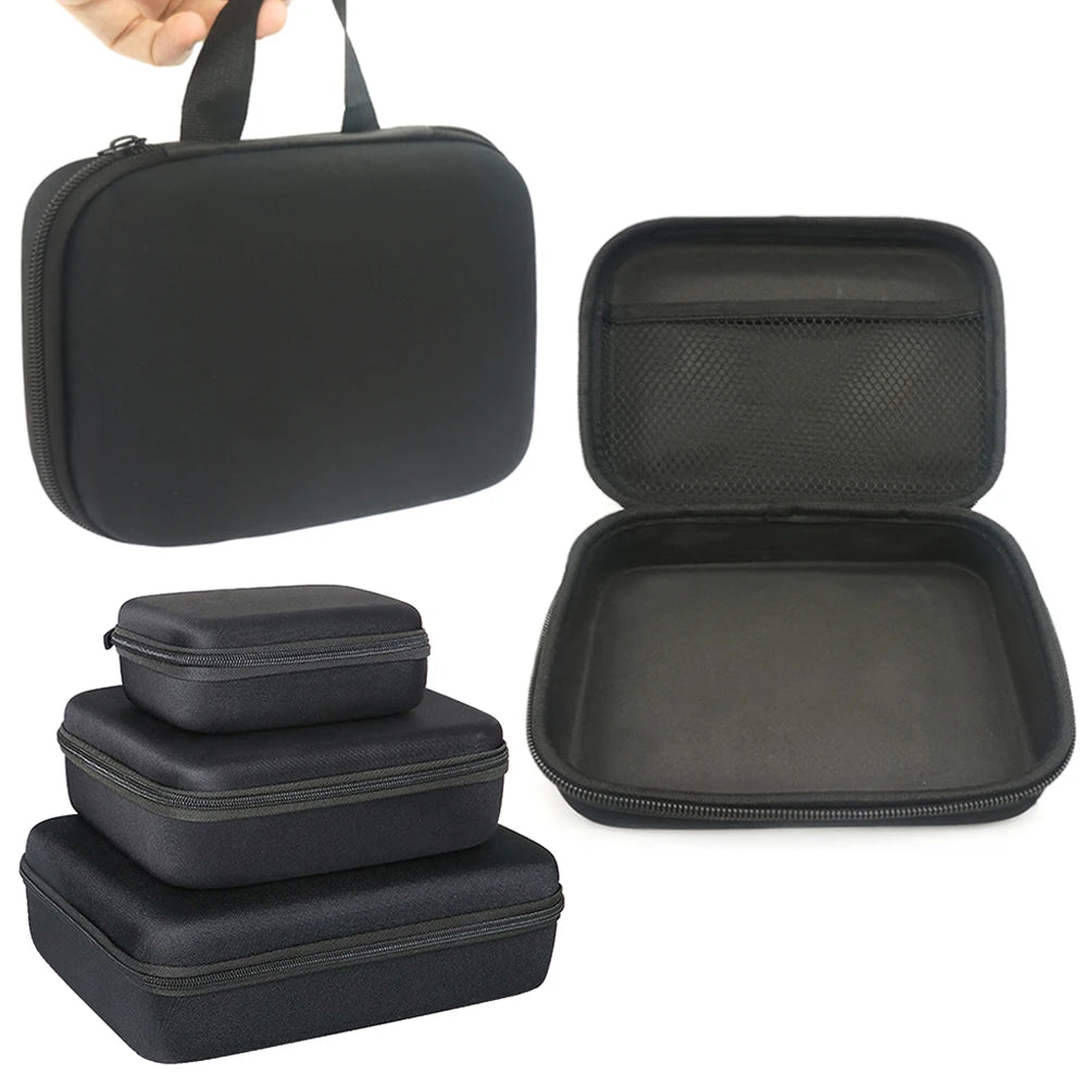 A black portable storage and travel organizer bag shown with an open top view and stacked versions.