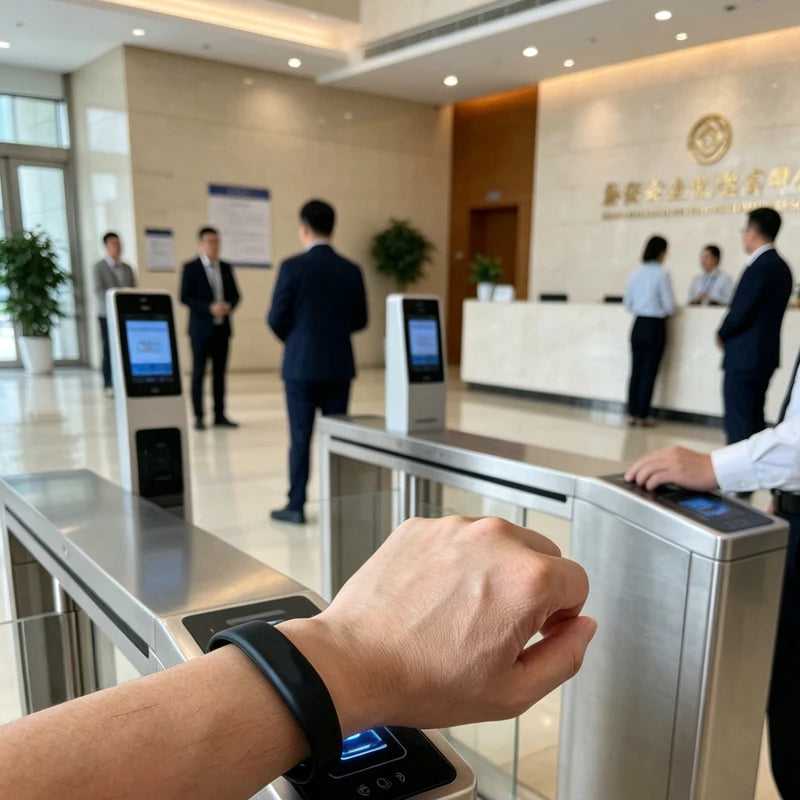 Une main interagit avec un dispositif électronique argenté, probablement un lecteur de bracelet de protection RFID.