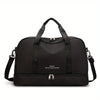 Black expandable nylon travel duffle bag with black handles and zipper details