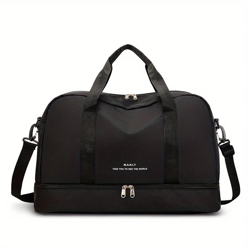 Black expandable nylon travel duffle bag with black handles and zipper details
