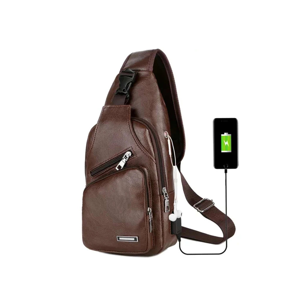 A brown leather men's casual crossbody chest bag with a visible USB charging port.