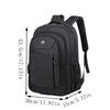 Black unisex double-shoulder travel backpack shown with dimensions.