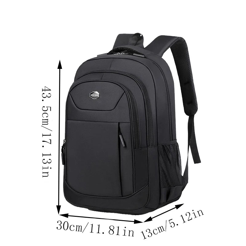 Black unisex double-shoulder travel backpack shown with dimensions.