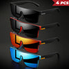 A stack of four square sport sunglasses in black, red, orange, and blue colors.