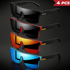 A stack of four square sport sunglasses in black, red, orange, and blue colors.