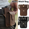 A brown genuine leather men's waist bag is shown attached to a belt, alongside a black version.