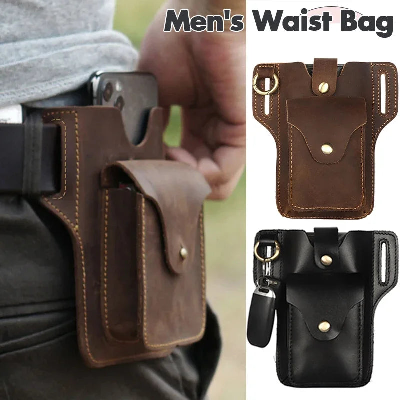 A brown genuine leather men's waist bag is shown attached to a belt, alongside a black version.