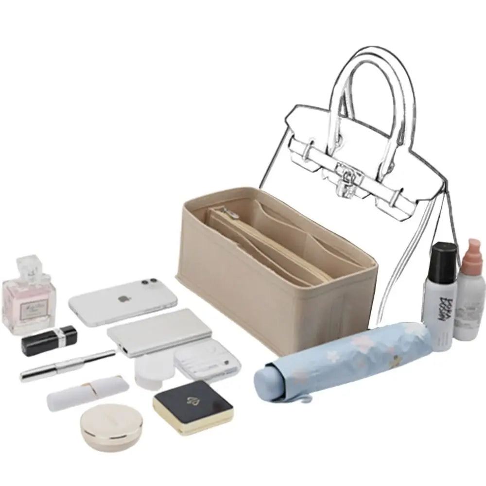 A multi-pocket felt bag organizer insert with various cosmetic and small items displayed alongside the bag.