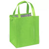 A bright lime green insulated tote bag with a silver aluminum lining.