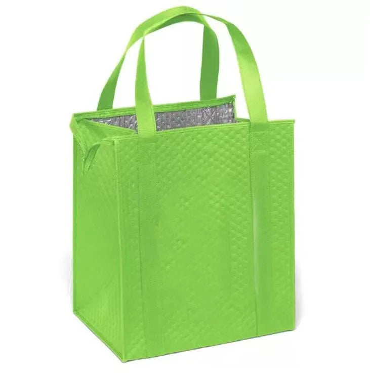 A bright lime green insulated tote bag with a silver aluminum lining.