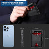 A hand is shown placing a slim RFID blocking card wallet into the front pocket of a suit jacket, next to an iPhone.