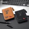 Two Diorris wallets, one brown and one black, are displayed on a laptop keyboard with a pen.