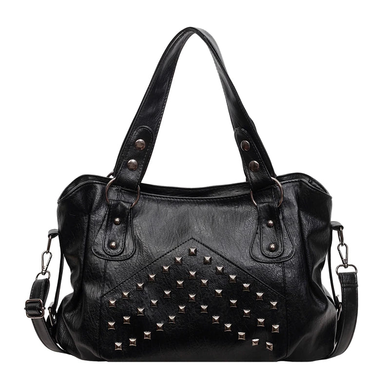 Black punk rivet leather tote bag with dark hardware