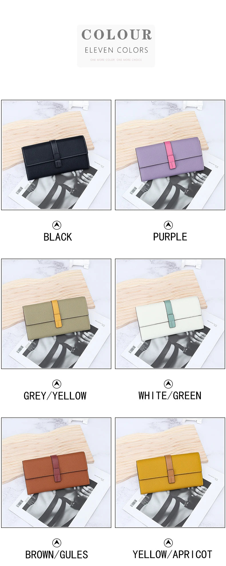 A collection of genuine cow leather bifold wallets in various colors including black purple grey yellow white green brown gul
