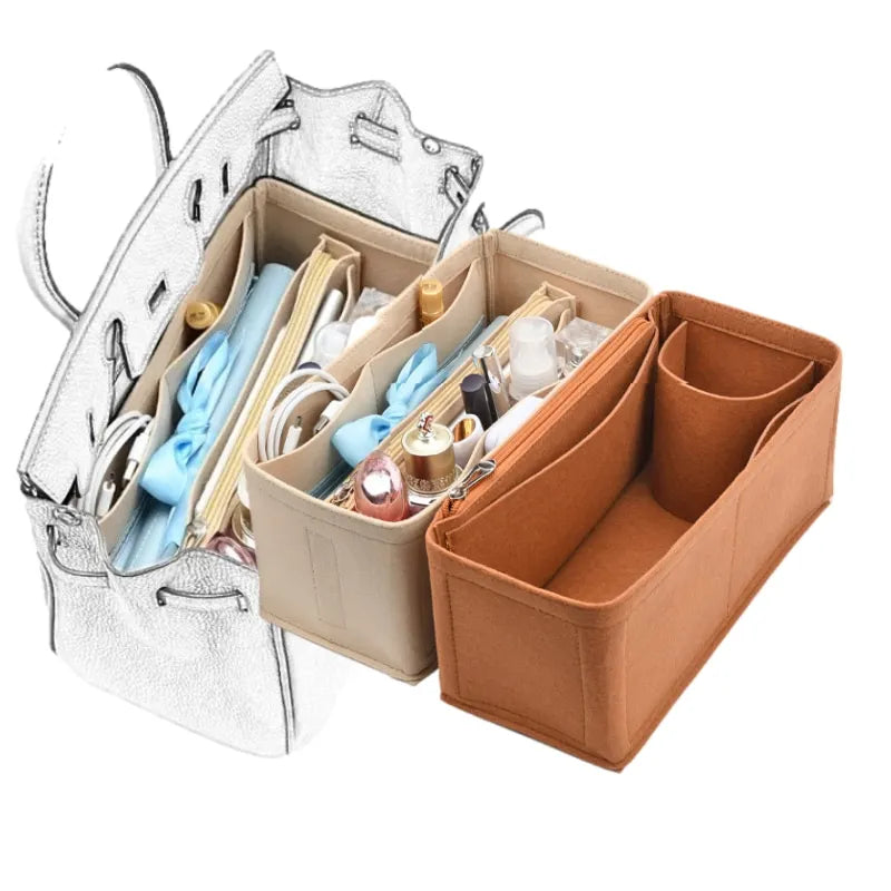 A felt cloth bag organizer showing various accessories and tools inside a silver-colored handbag.