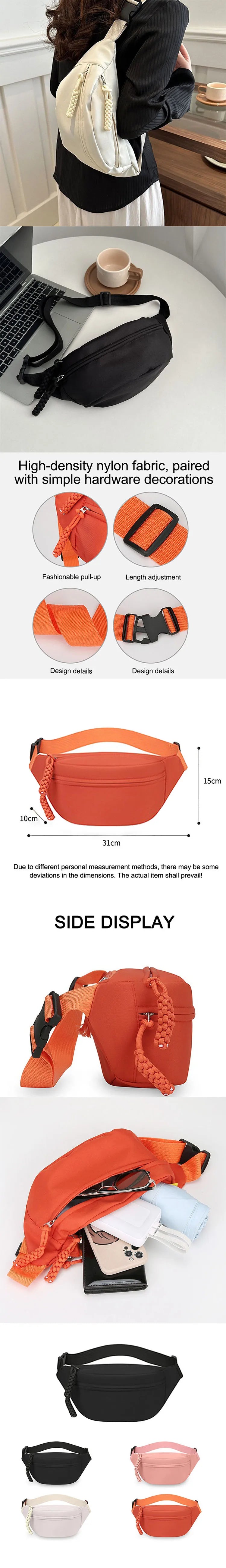 Various views of an orange and black anti-theft waist pack for travel and running, showing design details and different color