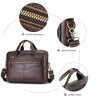 A brown full-grain leather executive laptop briefcase showing details of the smooth metal zipper, quality hardware, and leath