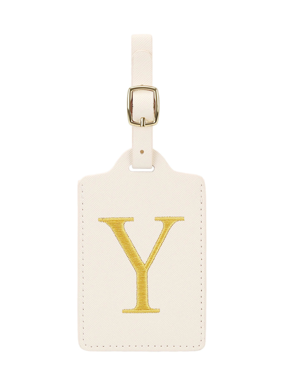 Étiquette de bagage rectangulaire en cuir beige avec un Y brodé en or et un clip métallique argenté.