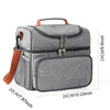 A gray insulated double-layer lunch bag with a brown strap and zippered compartments.