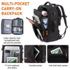 Black multi-pocket carry-on backpack featuring various internal and external pockets for travel.
