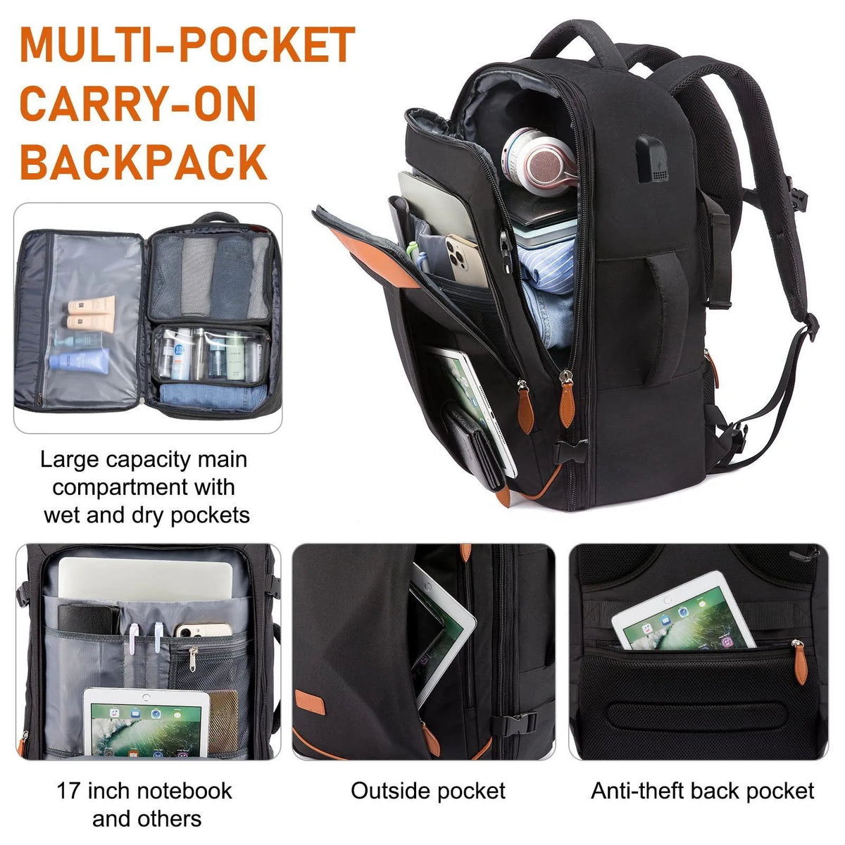 Black multi-pocket carry-on backpack featuring various internal and external pockets for travel.