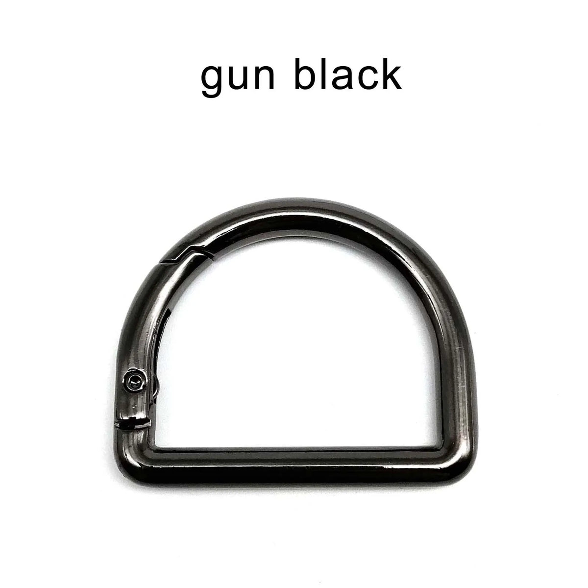 A black D-shape metal spring ring clasp used for bags and keychains.