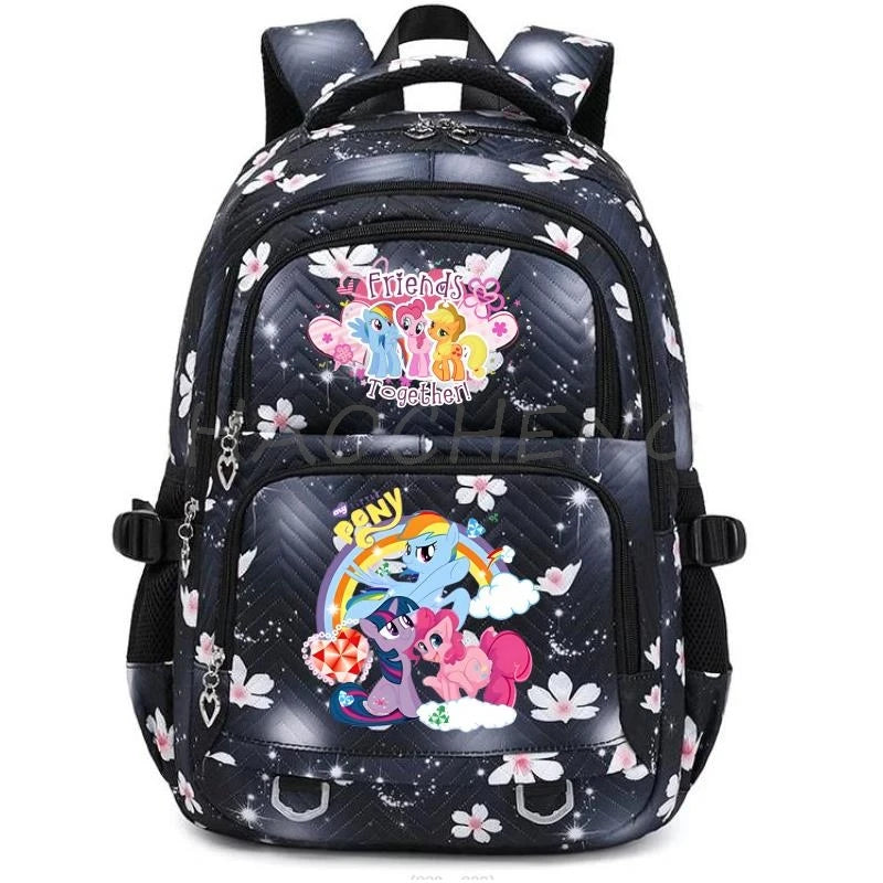 A dark blue and white floral patterned backpack with a backpack design featuring the text Together