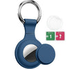 A blue MagSafe card wallet with a built-in AirTag pocket and a keyring.
