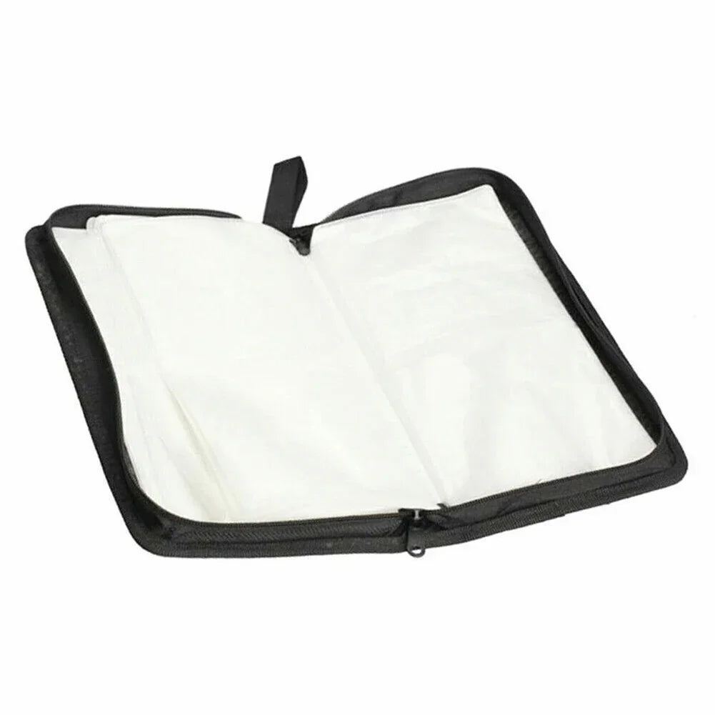 A black storage wallet case for 80 discs, featuring a white interior lining.