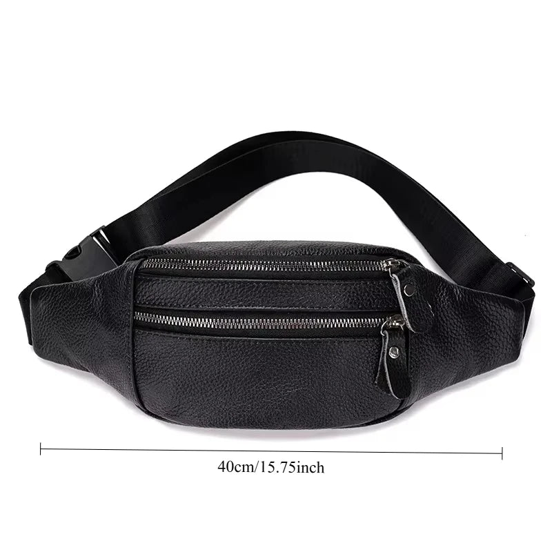 Bolso cruz de cuero genuino negro con bolsillo frontal con cremallera