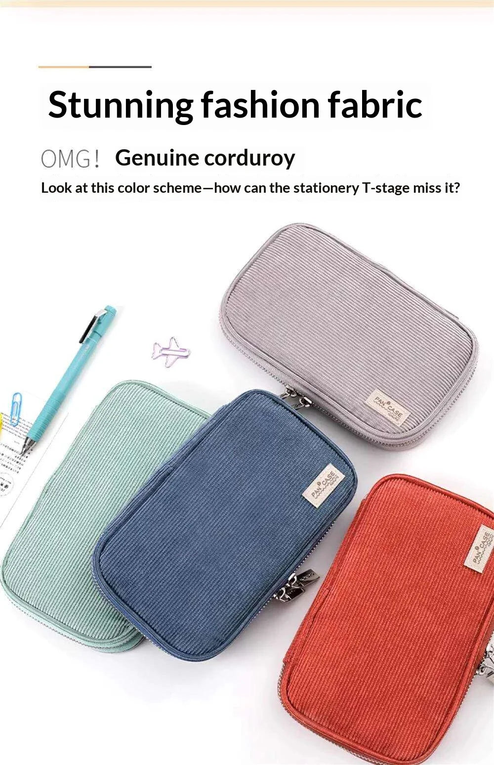 Three colored corduroy pencil cases in mint green, navy blue, and burnt orange displayed on a white background.